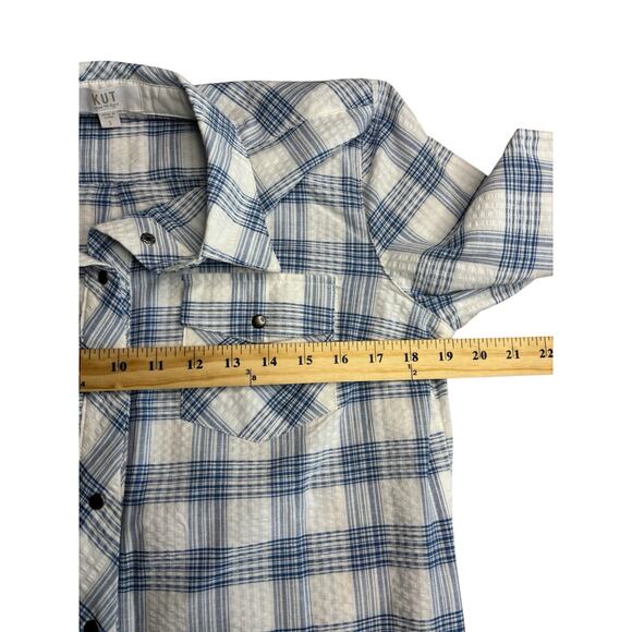 Kut from the Kloth Blue Plaid Snap Front Cotton Shirt Jacket Shacket Small - Picture 7 of 11